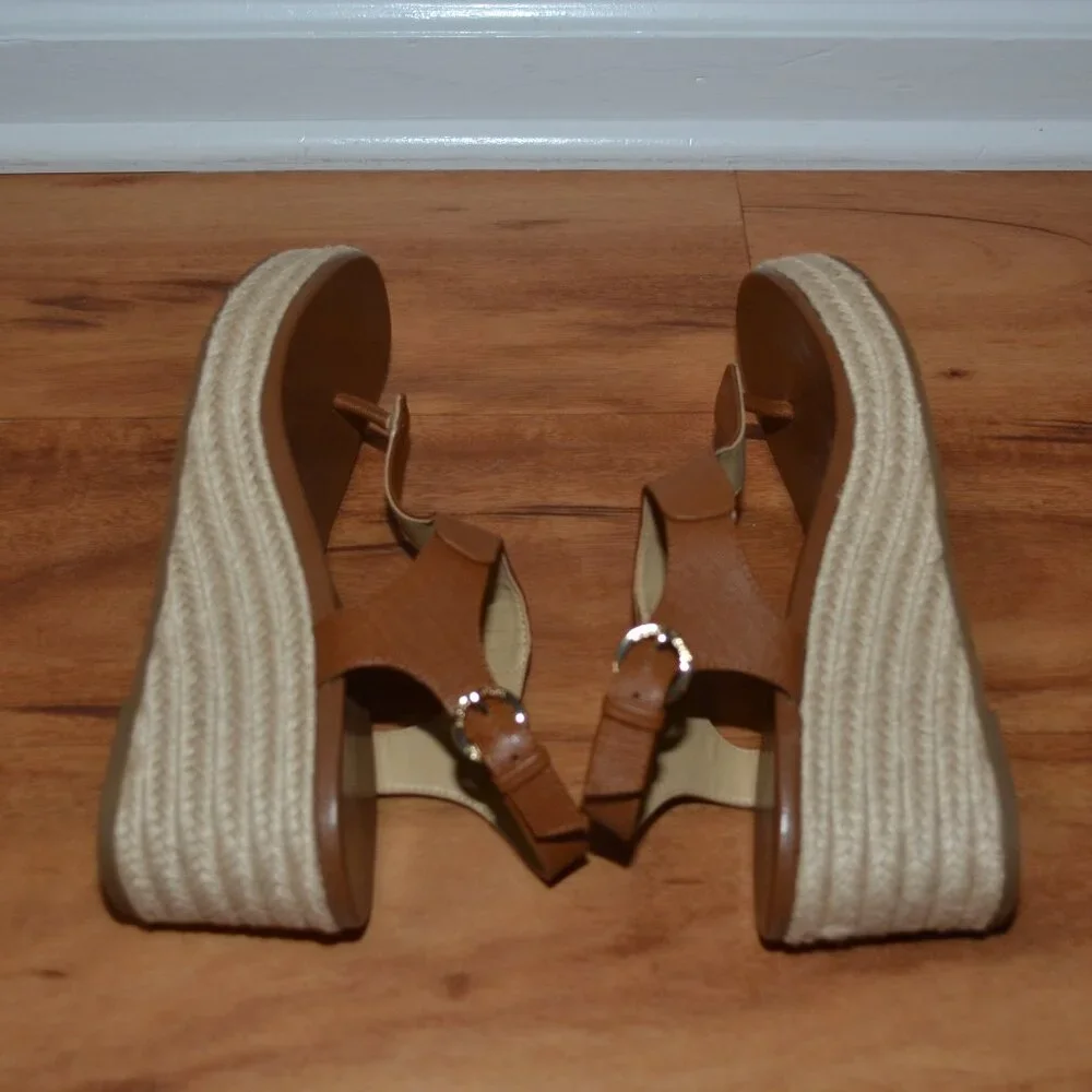 MICHAEL KORS LANEY LOGO ESPADRILLE WEDGE SANDALS LUGGAGE SIZE 8 MSRP $165.00